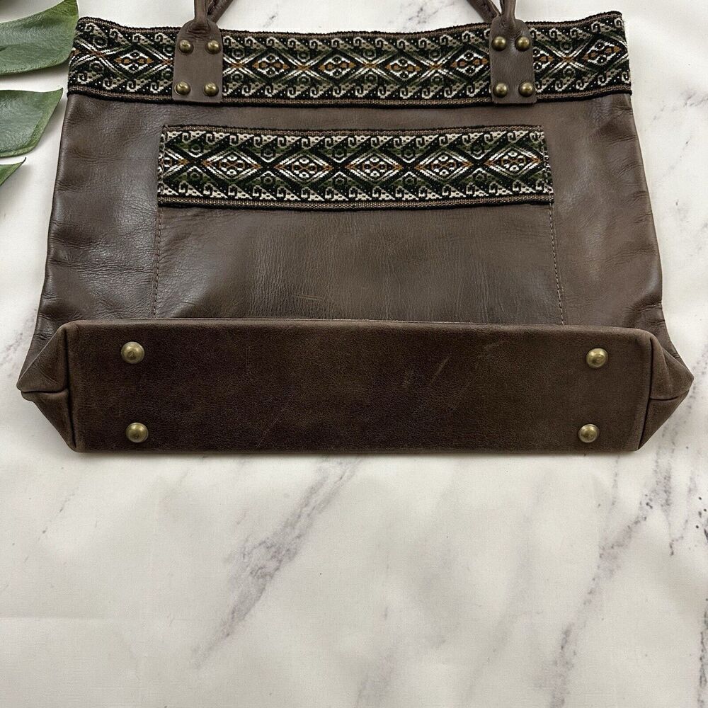Unbranded Leather Tote Shoulder Bag Purse Dark Brown Woven Boho Trim Large - Picture 6 of 12